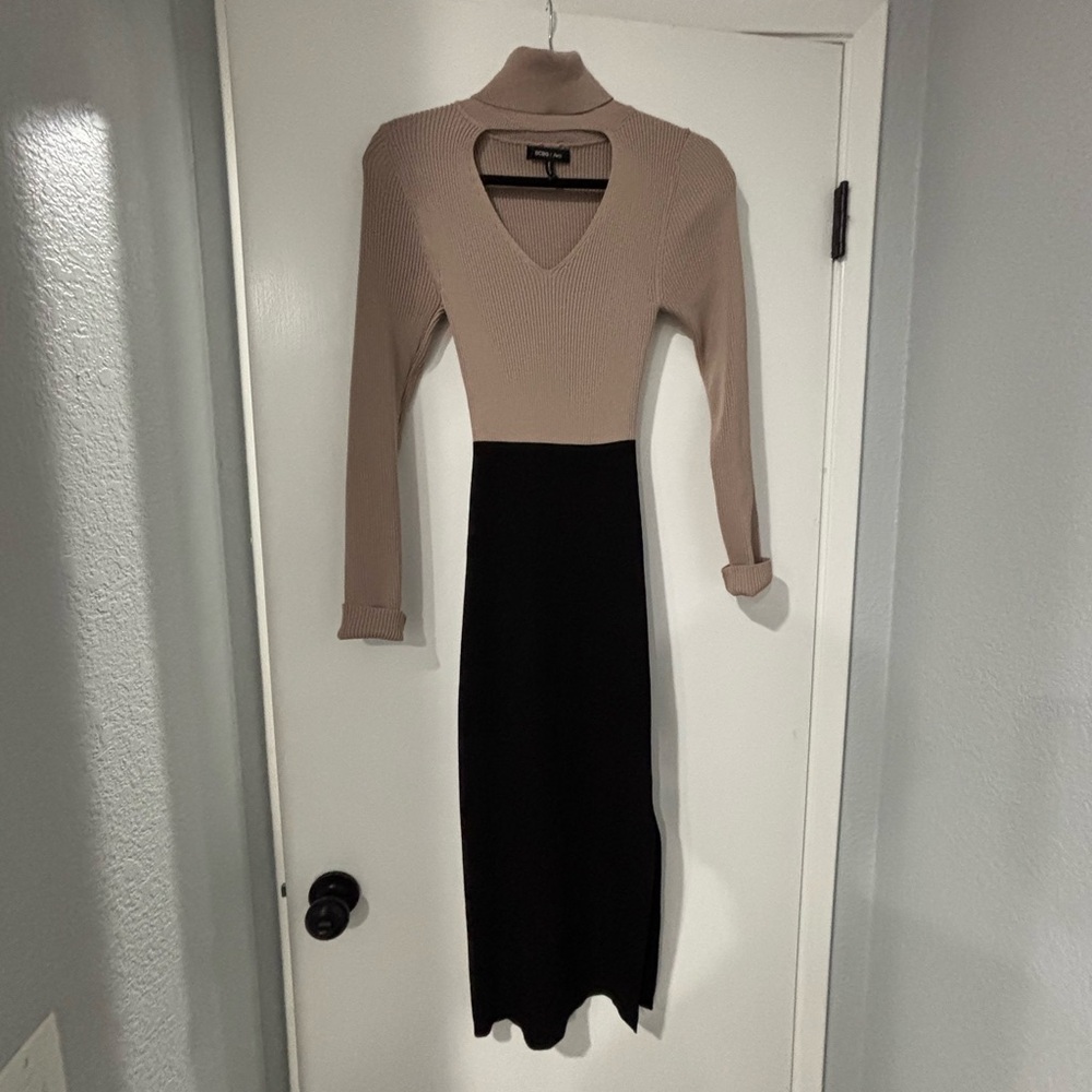 BCBG Tan and Black Long Sleeve Dress